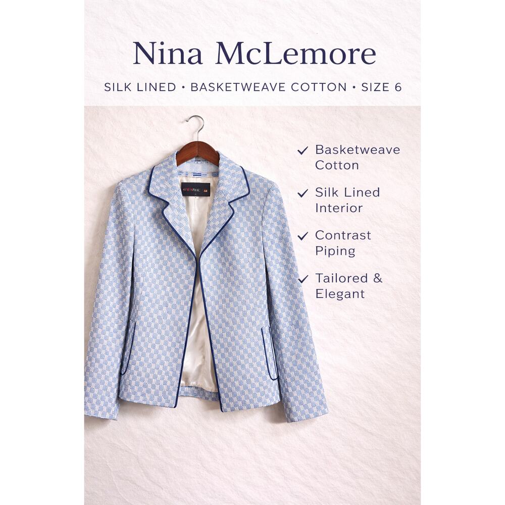 Nina McLemore Basketweave Cotton Blazer Blue White Silk Lined Size 6